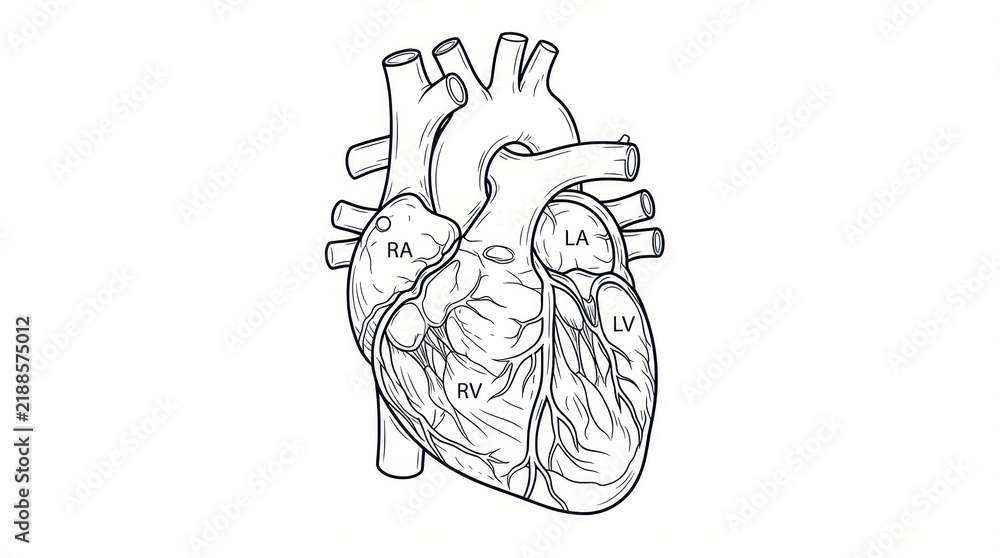 Fototapeta premium The Image Is A Black And White Line Drawing Of A Human Heart The Heart Is Ocr