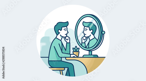 Man contemplating his reflection in a round desk mirror