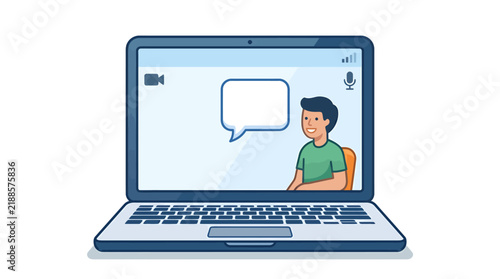 Laptop computer showing a video call with a male character