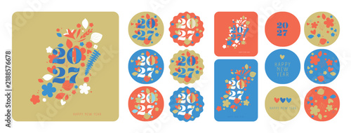 Illustration vectorielle vœux 2027. Cartes postales 2027. Composition florale élégante entourant les chiffres.