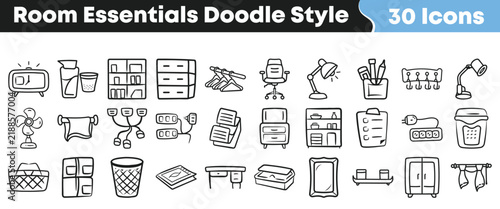 Collection of hand drawn room essentials illustrated in doodle style art