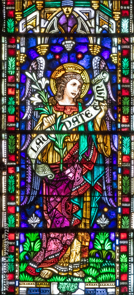 Fototapeta premium Pisa - The St. Archangel Gabriel from the stained glass in the church Chiesa di Santa Caterina by Königliche Bayerische Hofglasmalerei F. X. Zettler