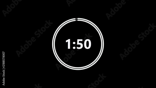 2 minute countdown timer with circular progress ring, digital timer animation from 120 to 0 seconds on black background, 4K video
