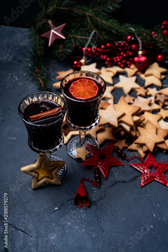 Konstfotografi Christmas Mulled Wine with Star Cookies and Festive Decorations