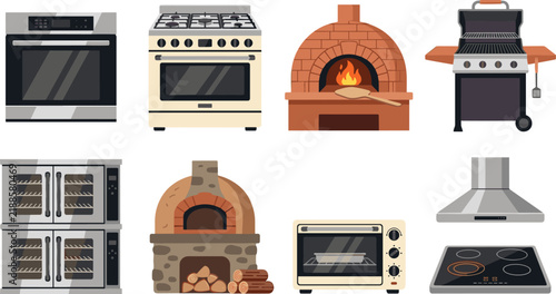 Modern Kitchen and Cooking Appliances Collection Featuring Ovens, Grills, and Stovetops in Flat Design