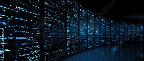 Futuristic Data Center with Glowing Blue Server Racks and Digital Light Streams