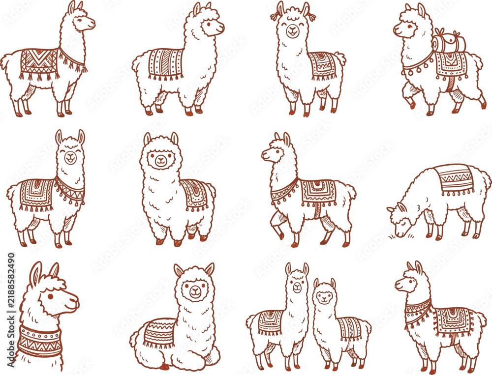 Obraz premium Cute alpaca and llama characters hand drawn brown line art vector collection.