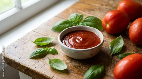 Fresh tomato sauce in a small bowl with green basil leaves and ripe tomatoes on a wooden kitchen table. marinara glaze