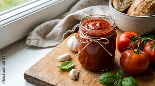 Fresh tomato sauce in a glass jar with garlic and basil on a rustic wooden cutting board by a window. marinara glaze