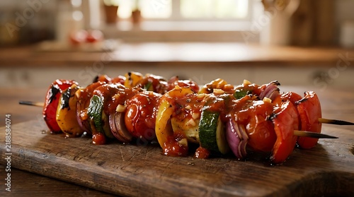 Delicious grilled vegetable shish kebab skewers with peppers and onions on a rustic wooden kitchen board. marinara glaze