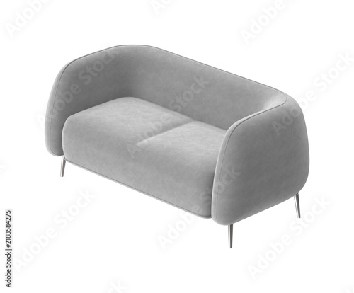 Photography Modern gray loveseat with curved arms and slender metal legs isolated