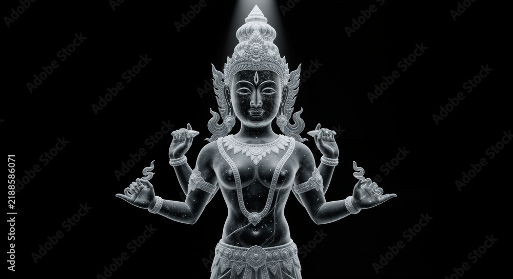 Fototapeta premium Hindu deity sculpture illuminated in dark background representing spirituality and mythology