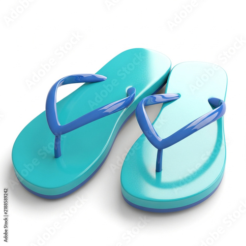 Bright Turquoise Flip Flops with Blue Straps on a White Background