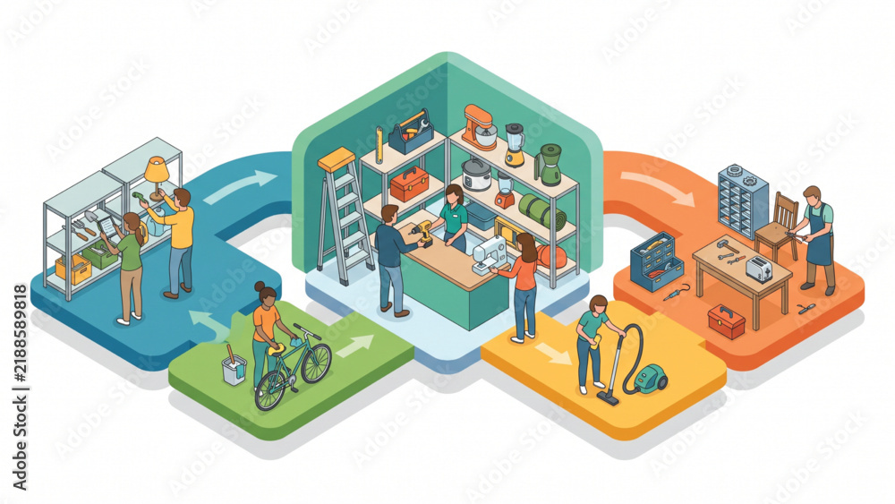 Fototapeta premium Circular Community Sharing System with Reusable Products, Isometric Sustainable Lifestyle Vector
