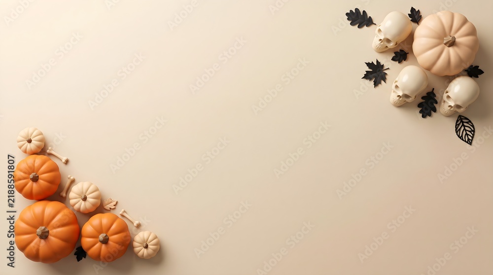 Fototapeta premium Autumn pumpkins and cotton branches on a neutral background