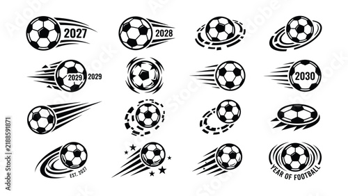 Dynamic soccer ball year logos with motion effects transparent background