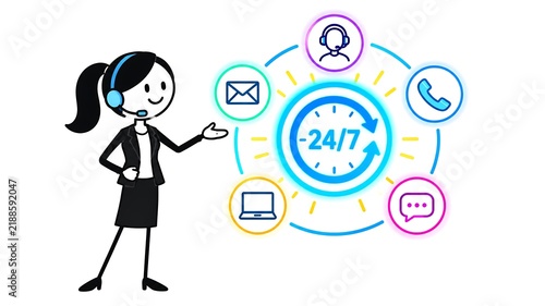 Simple stick-figure illustration depicts hand presenting neon technical support interface with clock, contact icons and 24 hour service on white background