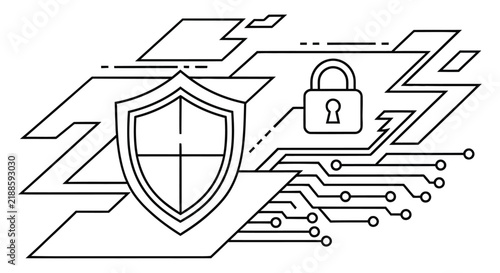 Canvas Print Shield with padlock and circuit board lines form a linear cybersecurity illustra