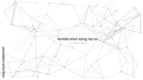Automated network topology map icon concept with black plexus lines and dots connected together as abstract communications grid on clean white vector background.
