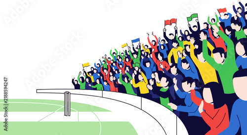 Crowd of spectators with flags cheers at a cricket field illustration