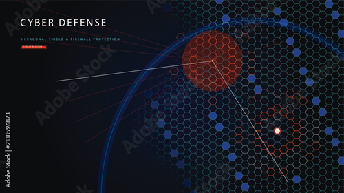 Cyber defense technology vector illustration depicts hexagonal shield wall patterns blocking malicious network threat injection attacks for server security.