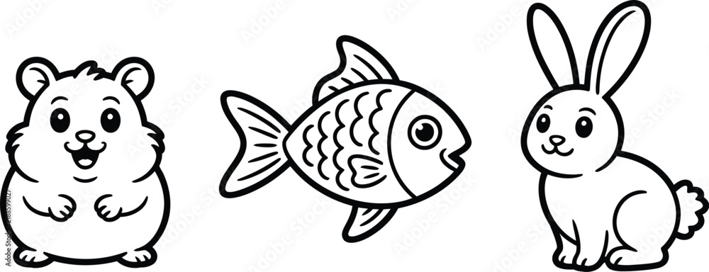 Obraz premium Cute pet line art vector set featuring happy hamster goldfish and bunny rabbit characters isolated on clean white background illustration.