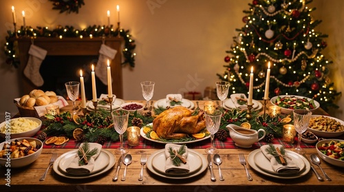 Festive Christmas Dinner Table Setting with Roasted Turkey and Decorated Tree