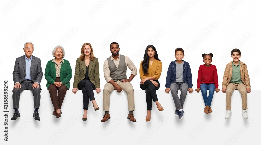 Fototapeta premium Diverse Age Lineup Seated on White Ledge