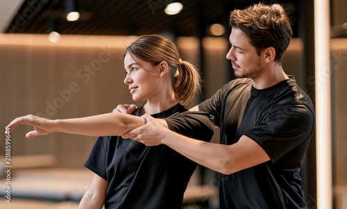 Personal trainer helping client with arm stretch exercise in modern gym