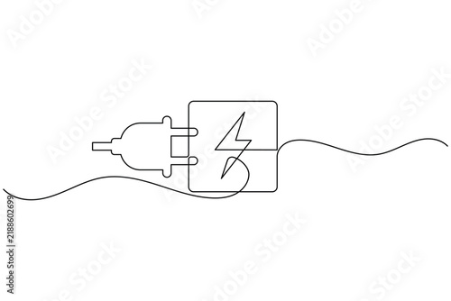 Electric plug with lightning bolt continuous one line drawing flash power supply outlet minimalist vector illustration