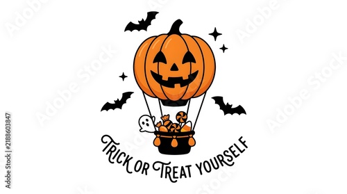 Old fashioned halloween artwork depicting a glowing jack o lantern magically floating over a bubbling cauldron with bats and eerie handwritten typography