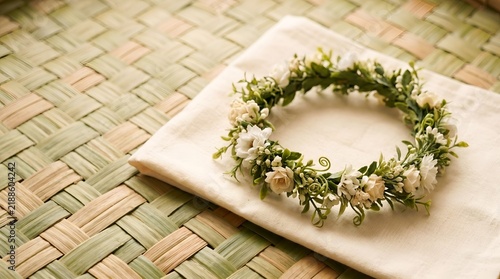Handmade floral circlet rests softly upon folded fabric over woven mat