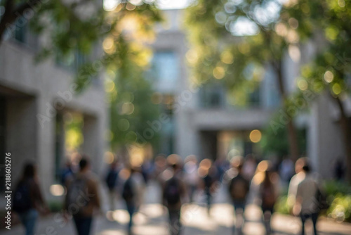 Blurry crowd of students walking through a sunlit campus path during a bright autumn afternoon session