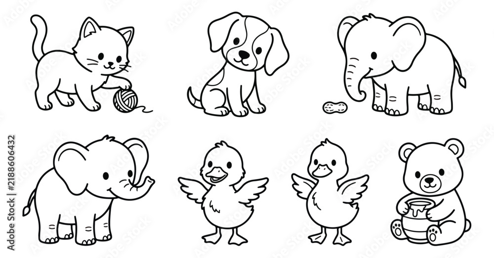 Obraz premium Kawaii animal coloring page set, cute cartoon baby animals line art, 7 black and white vector illustrations for kids activities