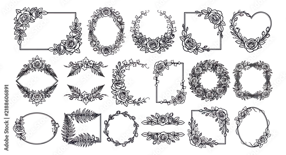 Fototapeta premium Vintage floral frames collection, 18 hand drawn botanical borders, elegant black line art wreaths for wedding invitations and stationery