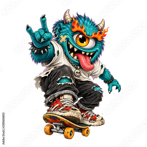 One Eyed Blue Punk Monster Riding Skateboard with Flaming Eyebrow Mascot Illustration