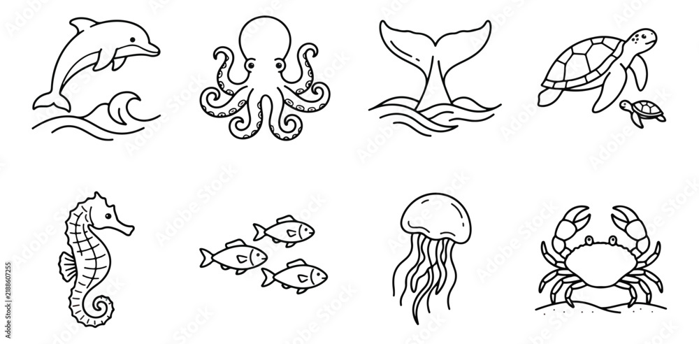 Obraz premium Minimalist sea life icons, set of 8 marine animal line art vectors, simple black and white ocean creature illustrations for coloring