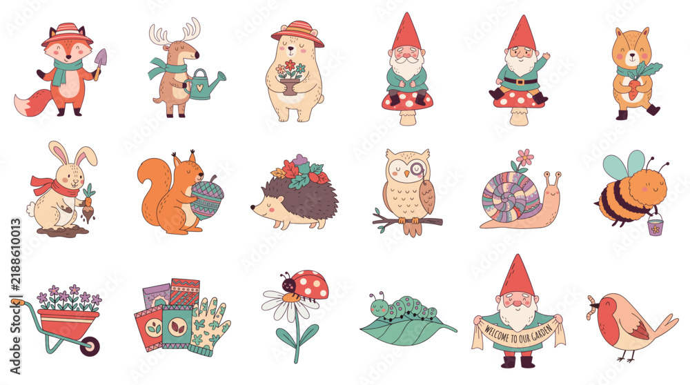 Fototapeta premium Cute Forest Animals and Garden Gnomes Sticker Pack Set, Hand-Drawn Woodland Creatures Illustration
