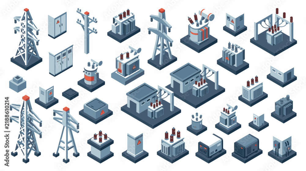 Fototapeta premium Creative Isometric Collection of Modern Electrical and Telecommunication Infrastructure Icons in Blue Gray
