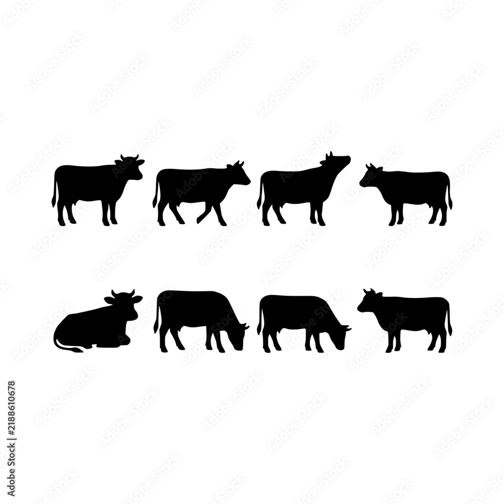 Fototapeta premium Cows standing and sitting silhouette vector illustration, Cows poses silhouette set design