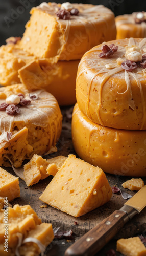 Creamy cheese wheels stacked rustic wooden board, showcasing variety of textures and colors. Crumbled cheese pieces and garnishes add touch of elegance, evoking sense of indulgence and gourmet