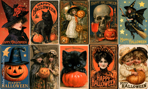 Collection set of vintage Happy Halloween cards, antique victorian greetings with black cats, pumpkin, witches and cute kids, ephemera holiday celebration