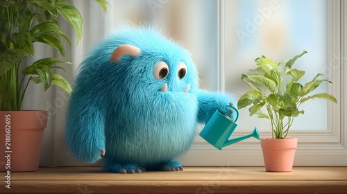 Adorable blue furry monster watering a potted plant indoors by window