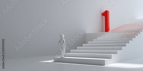 Minimalist scene with a small humanoid figure ascending white stairs toward a large red number one