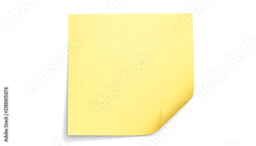Single yellow sticky note curled bottom right corner blank surface light neutral background office study item reminder potential future writing ideas
