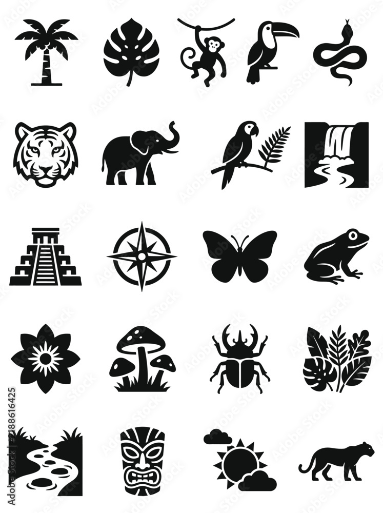 Fototapeta premium Jungle Adventure Icons And Symbols