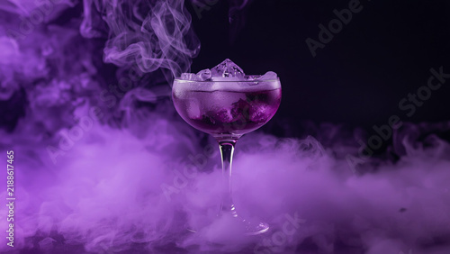 Spooky purple cocktail drink with dry ice