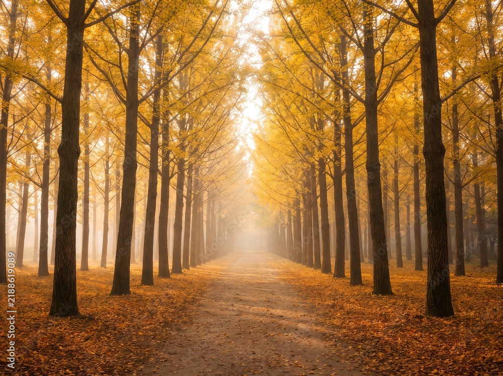 Fototapeta premium Empty path through golden ginkgo trees in autumn morning mist