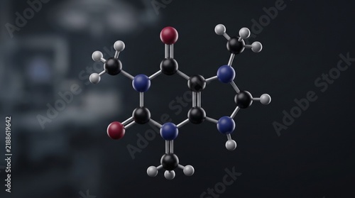 3D render of a caffeine chemical structure molecule on dark background