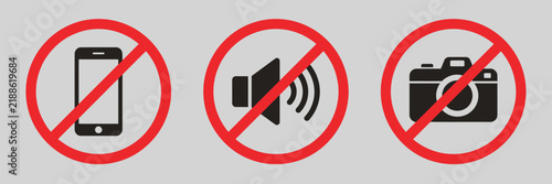 No phone, no sound, and no camera prohibition vector icon set
